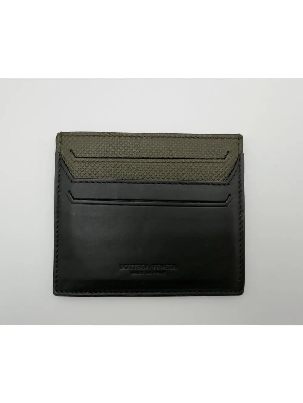 Authentic Bottega Veneta Black & Olive Green Leather Card Holder  Microchipped